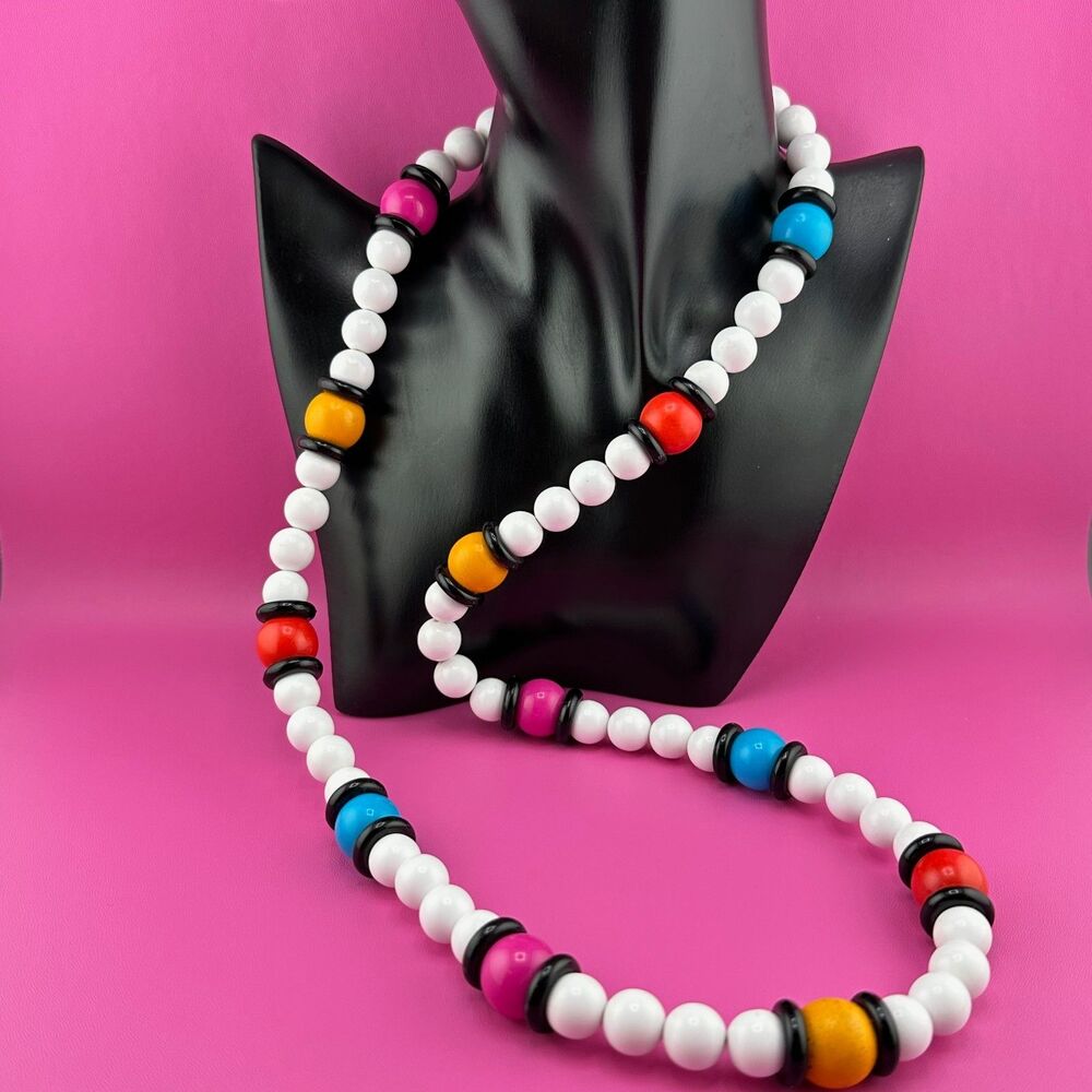 Vintage 80s 90s Necklace Colorful Beaded Gum Ball 32" Retro Acrylic Statement